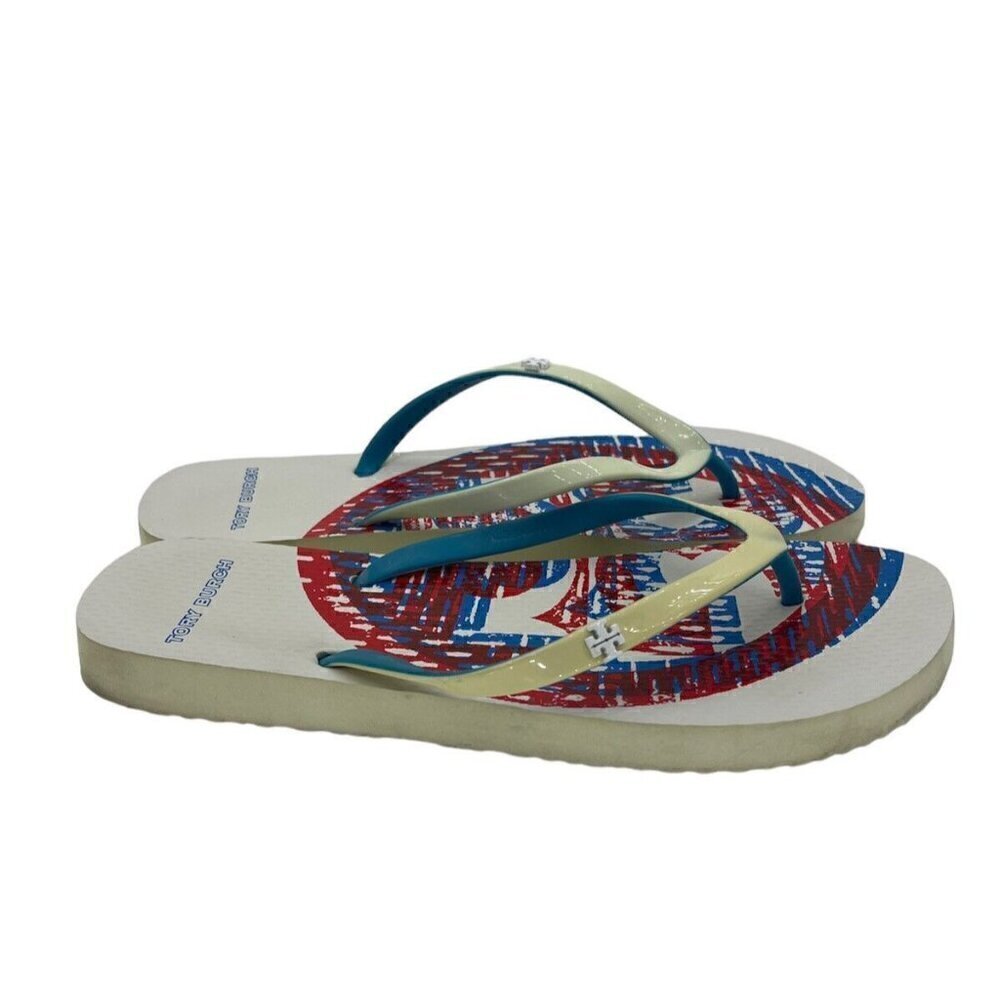 Tory Burch 3D Logo Ivory/Blue/Red Flip Flops Sandals Rubber Size 6 US